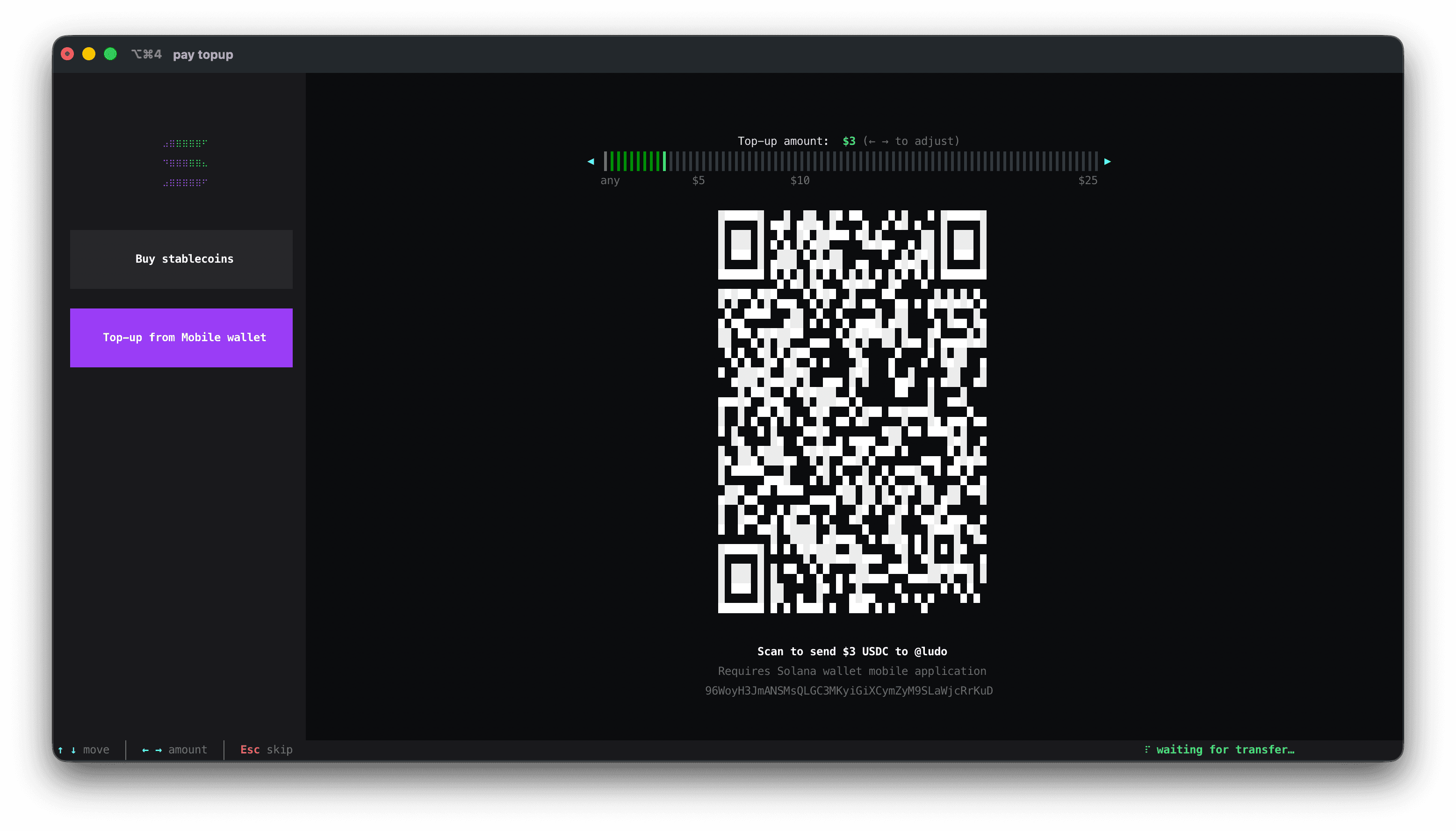 pay topup — mobile wallet QR with amount slider showing $3 USDC