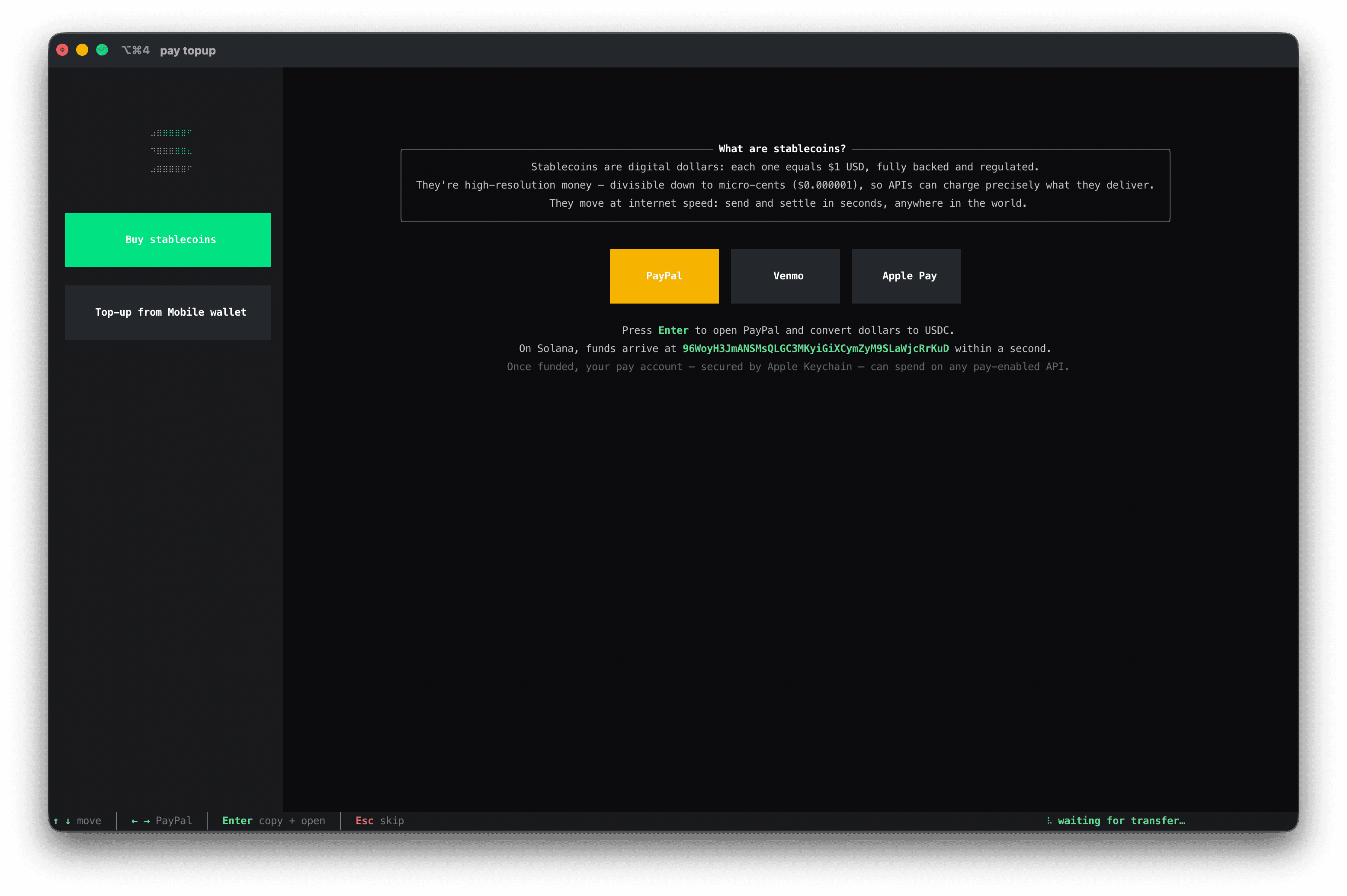 pay topup — Buy stablecoins screen showing PayPal, Venmo, Apple Pay options